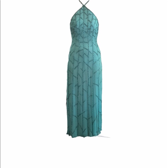 Tiffany Design 100% silk sheath beaded teal halter formal dress, Sz 0 - Picture 1 of 8